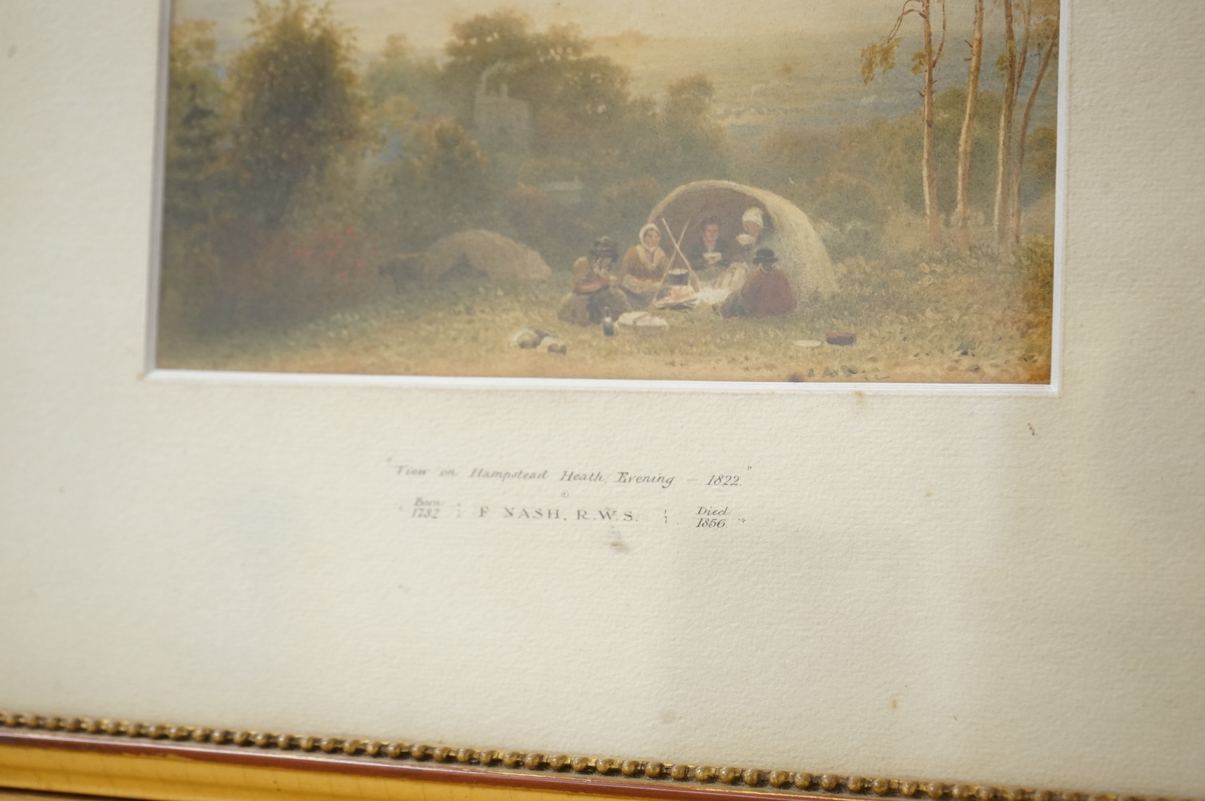 Attributed to Frederick Nash (1782-1856), watercolour, ‘View on Hampstead Heath, Evening’, mount dated 1822, 14 x 21cm